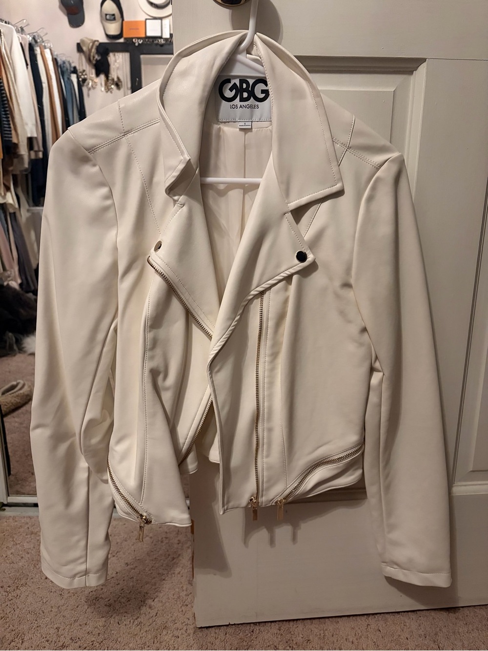 GBG Los Angeles White Cream Faux-Leather Moto Jacket